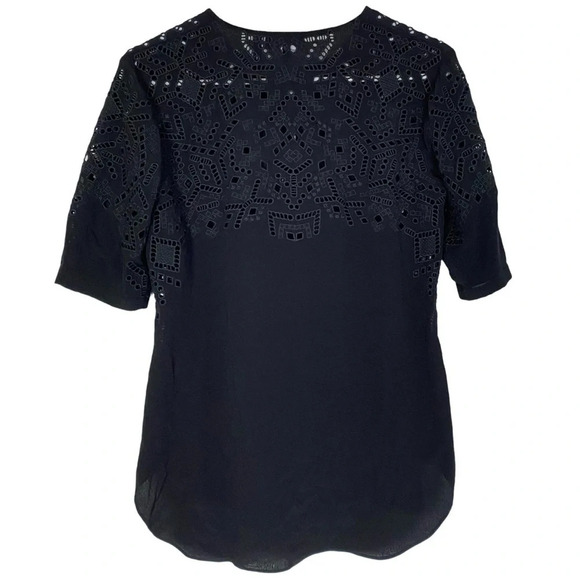 Theory Eyelet Top Blouse Womens Small Black Embroidered Shirt Tunic Short Sleeve - Picture 2 of 13
